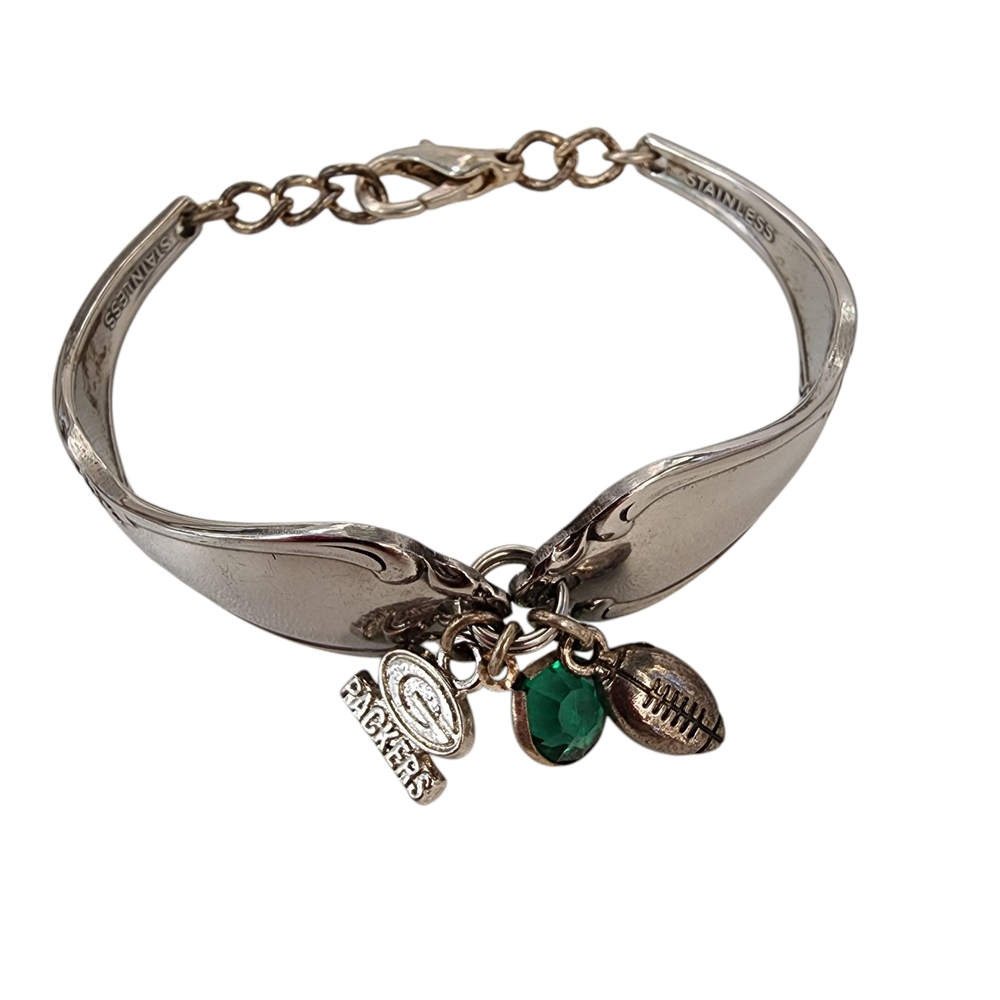 Vintage Silver Spoon Charm Bracelet with Green Bay Packers Football Charms